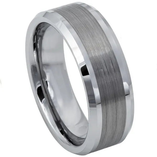 Tungsten Ring Brushed Center Shiny Lines on each side Beveled Edge 8mm