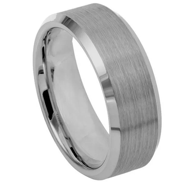 Tungsten Ring Brushed Center High Polished Beveled Edge 8mm