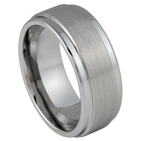 Tungsten Ring Flat Brushed Center Shiny Stepped Edge 9mm