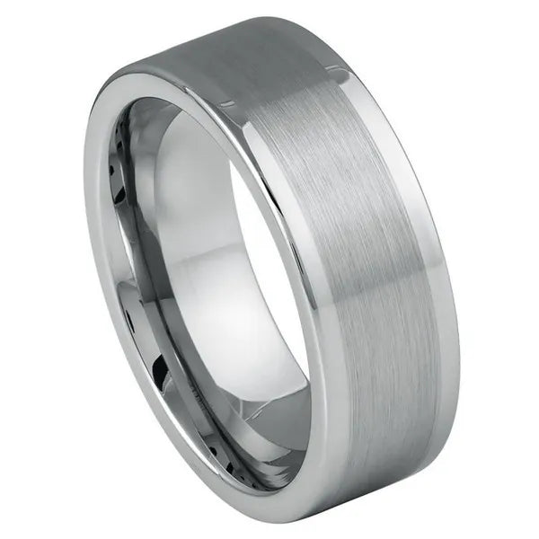 Tungsten Ring Ring Brushed with Polished Shiny Raised Edge 8mm