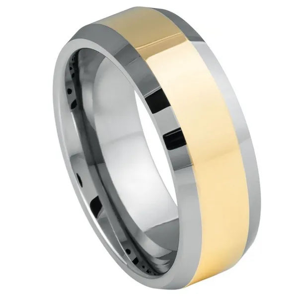 Tungsten Ring Polished Shiny Gold Plated Center & Beveled Edge 8mm