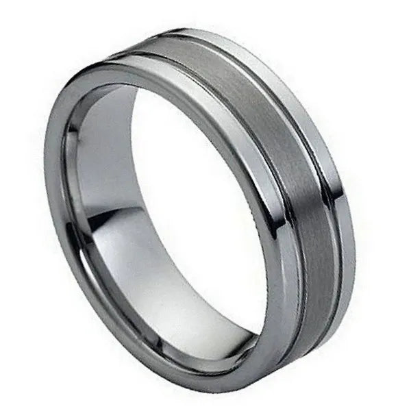 Tungsten Ring Ring Polished Shiny Double Grooved Brushed Center 8mm