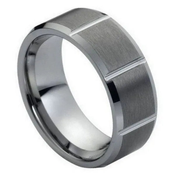 Tungsten Ring Multiple Vertical Grooves Brushed Center Beveled Edge 8mm