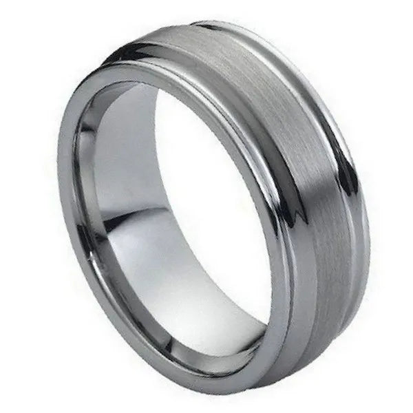 Tungsten Ring Flat Brushed Center High Polish Ridged Edge 8mm