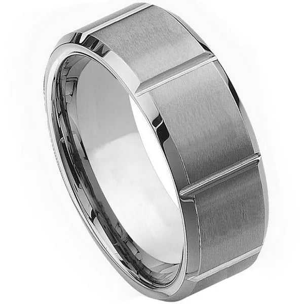 Tungsten Ring Multiple Vertical Grooves Brushed Center 9mm