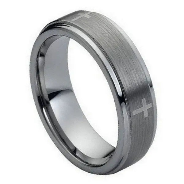 Tungsten Ring Flat Brushed Center Laser Engraved Crosses 7mm