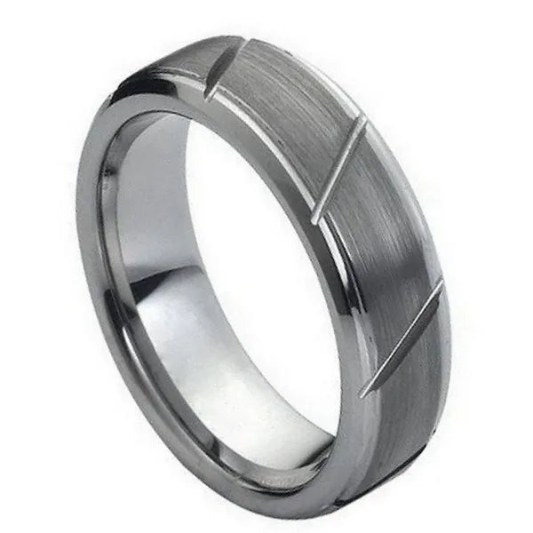 Tungsten Ring Multiple Diagonal Grooves Brushed Center Beveled Edge 7mm