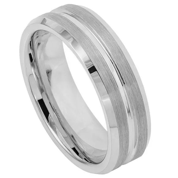Tungsten Ring Shiny Grooved Center Brushed Sides 7mm