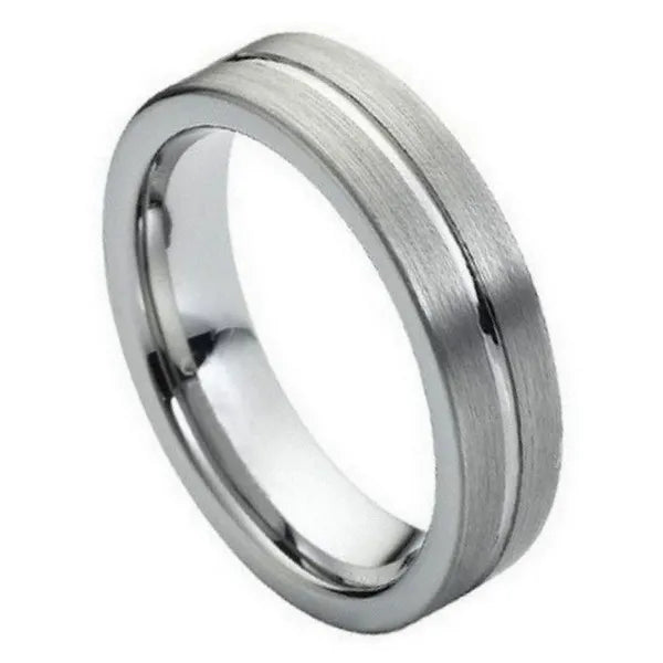 Tungsten Ring High Polished Grooved Center Brushed Side 6mm