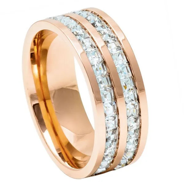 Rose Gold IP Plated Titanium Ring Double Row Princess cut Eternity CZ 8mm