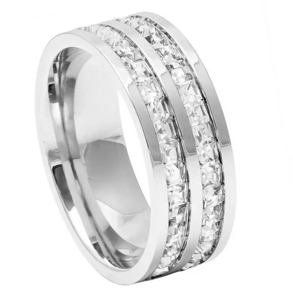 Unplated Titanium Ring Double Row Princess cut Eternity CZ 8mm