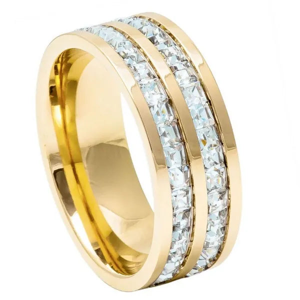 Yellow Gold IP Plated Titanium Ring Double Row Princess cut Eternity CZ 8mm