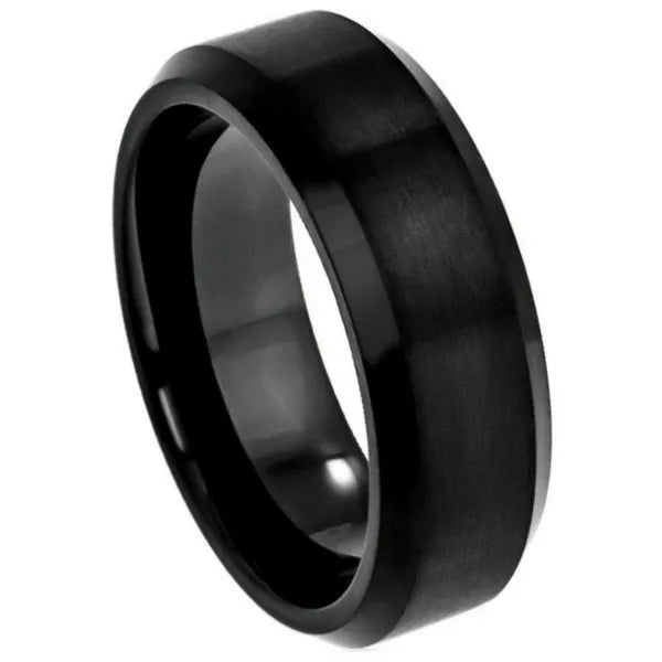 Black IP Plated Titanium Ring Brushed Center Beveled Edge 8mm