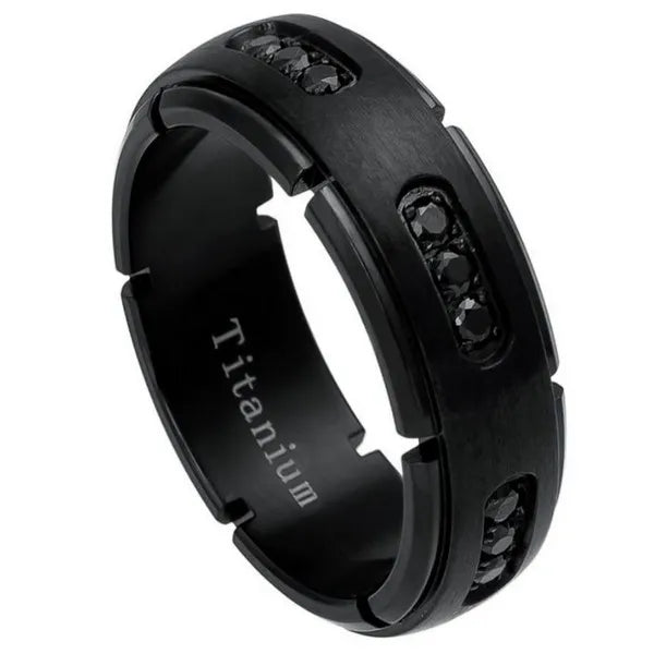 Black IP Plated Titanium Ring with 18 Black CZs 8mm