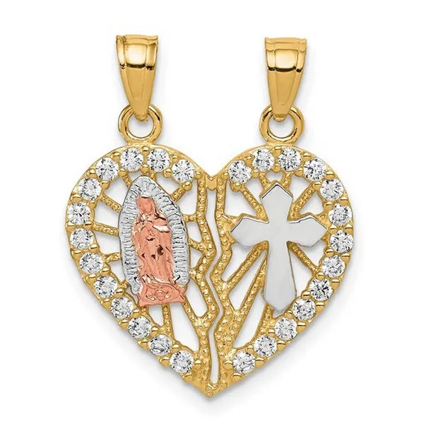 10k Two-tone with White Rhodium CZ Religious Break-apart Heart Pendant