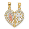 10k Two-tone with White Rhodium CZ Religious Break-apart Heart Pendant