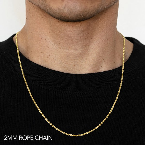 18k 2mm Yellow Gold Solid Dc Rope 16" Chain Necklace (Available in Lengths 7" - 30")
