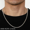 14k 4mm White Gold Solid Dc Rope 16" Chain Necklace (Available in Lengths 7" - 30")