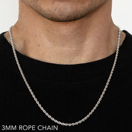 14k 3mm White Gold Solid Dc Rope 16" Chain Necklace (Available in Lengths 7" - 30")