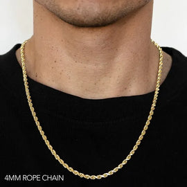 14k 4mm Yellow Gold Dc Hollow Rope 16" Chain Necklace (Available in Lengths 7" - 30")