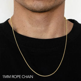 14k 1mm Yellow Gold Solid Dc Rope 16" Chain Necklace (Available in Lengths 7" - 30")
