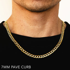14k 7mm Yellow Gold Solid Pave Curb 16" Chain Necklace (Available in Lengths 7" - 30")