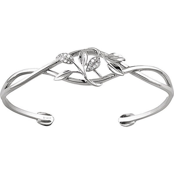 14K White .05 ctw Natural Diamond Floral Cuff 6" Bracelet