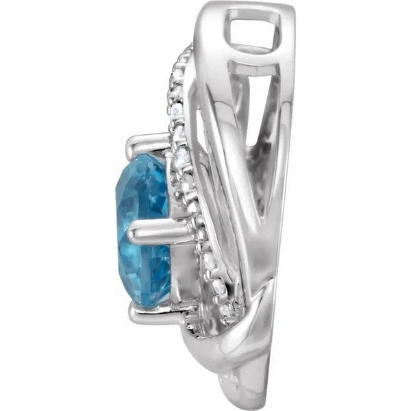 14K White Natural Swiss Blue Topaz and 1/10 ctw Natural Diamond Pendant