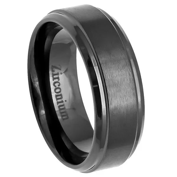 Natural Gun Metal Tone Zirconium Ring Brushed Center with  Stepped Edge 8mm