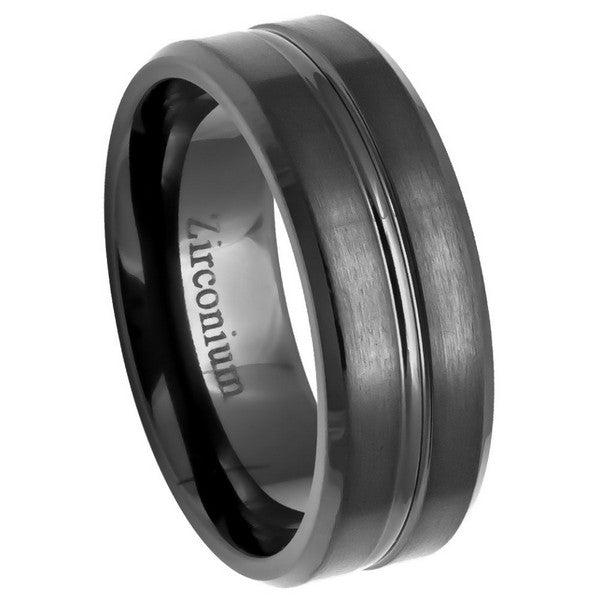 Natural Gun Metal Tone Zirconium Ring Brushed Grooved Center Beveled Edge 8mm