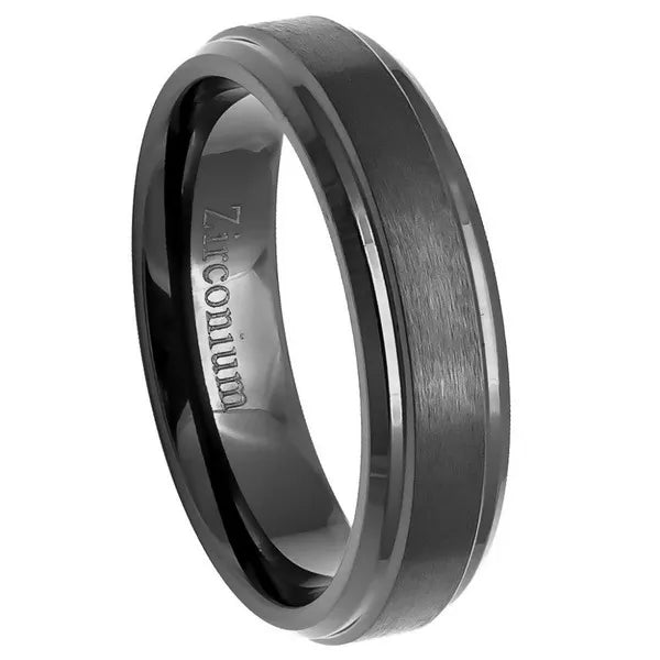 Natural Gun Metal Tone Zirconium Ring Brushed Center with  Stepped Edge 6mm