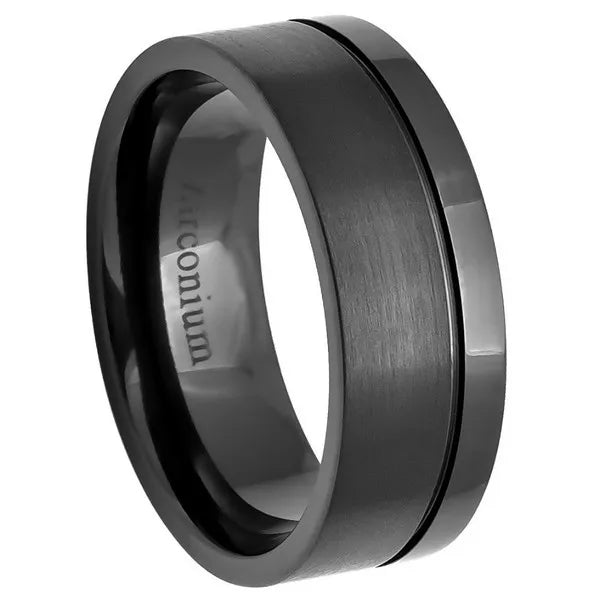 Natural Gun Metal Tone Pipe-cut Off-center Grooved Zirconium Ring Brushed & Shiny Finish 8mm