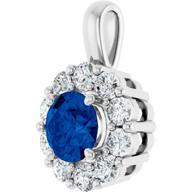 14K White Natural Blue Sapphire & 1/2 ctw Natural Diamond Pendant