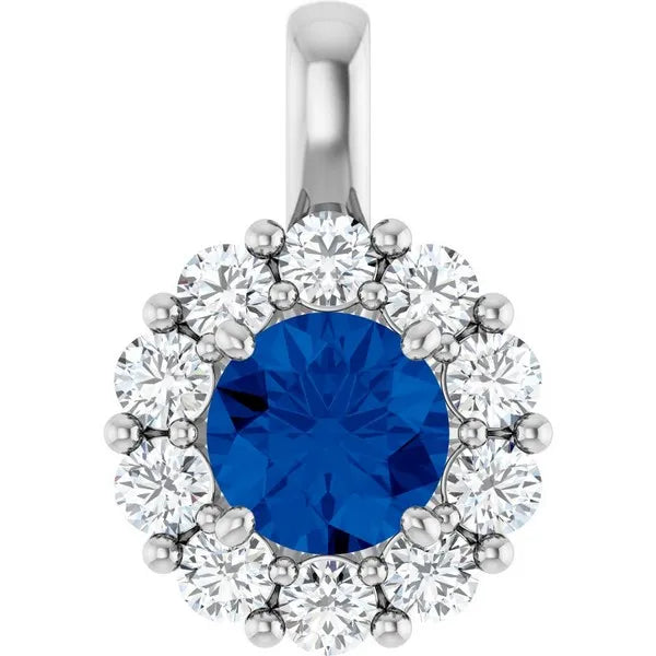 14K White Natural Blue Sapphire & 1/2 ctw Natural Diamond Pendant