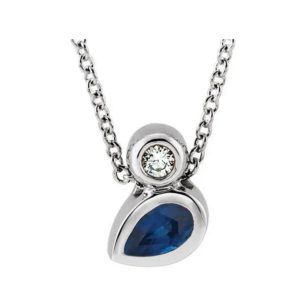 14K White 5x3 mm Pear Natural Blue Sapphire & .03 CT Natural Diamond 16"-18" Necklace