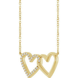 14K Yellow 1/8 ctw Natural Diamond Petite Double Interlocking Heart 16"-18" Necklace