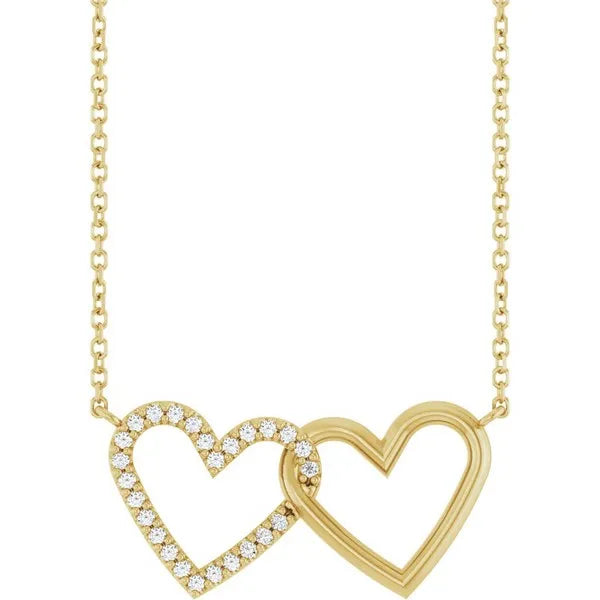 14K Yellow 1/8 ctw Natural Diamond Petite Double Interlocking Heart 16"-18" Necklace