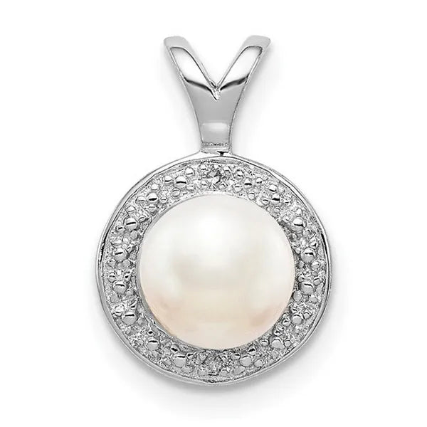 Sterling Silver Rhodium-plated Diam. and FW Cultured Pearl Pendant