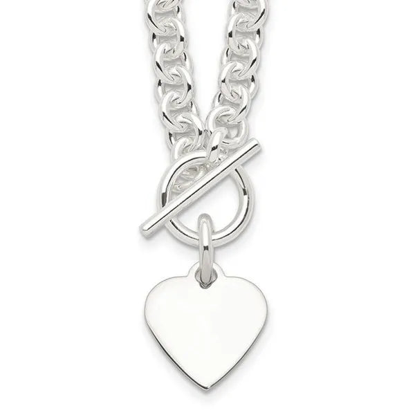 Sterling Silver Engraveable Heart Disc on Fancy Link Toggle 18" Necklace