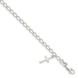 Sterling Silver Polished Latin Cross Charm with 1" Ext. Children's Bracelet