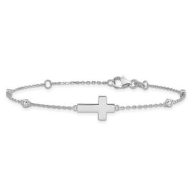 Sterling Silver Rhodium-plated CZ Sideways Cross 7" with 1" ext. Bracelet