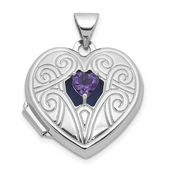 Sterling Silver Rhodium-plated Amethyst February Birthstone 18mm Heart Locket