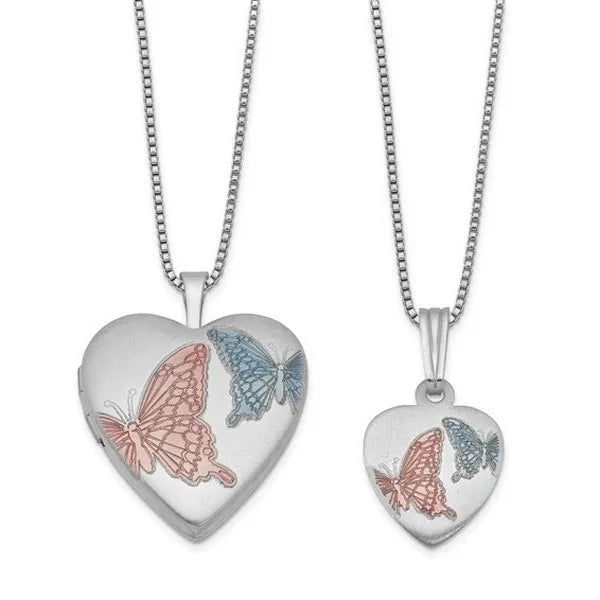Sterling Silver Rhodium-plated Satin Enameled Butterflies Heart 18" Locket Necklace and 14" Pendant Necklace Set