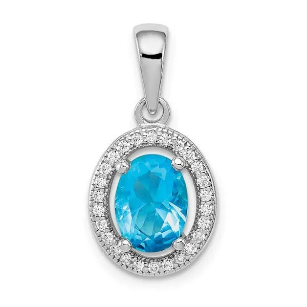 Sterling Silver Rhod-plated with Light Blue and White CZ Oval Pendant