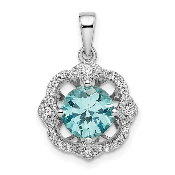 Sterling Silver Rhodium plated Aqua and White CZ Pendant