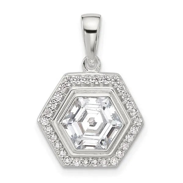 Sterling Silver E-coated CZ Hexagon Pendant