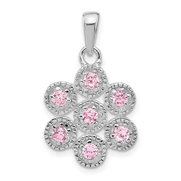 Sterling Silver Polished and Beaded Pink CZ Flower Pendant