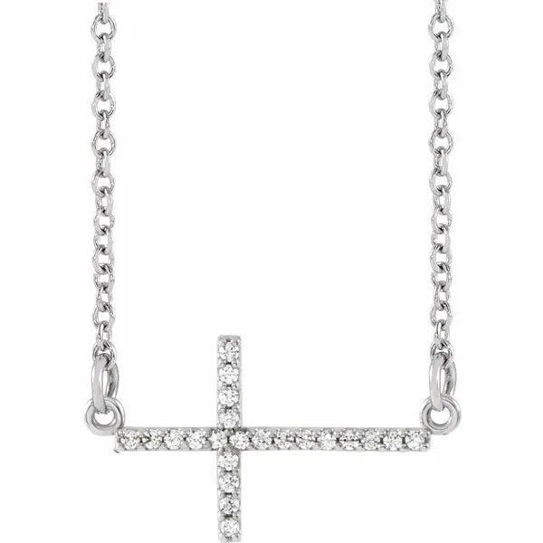 14K White 1/10 ctw Natural Diamond Sideways Cross 16"-18" Necklace