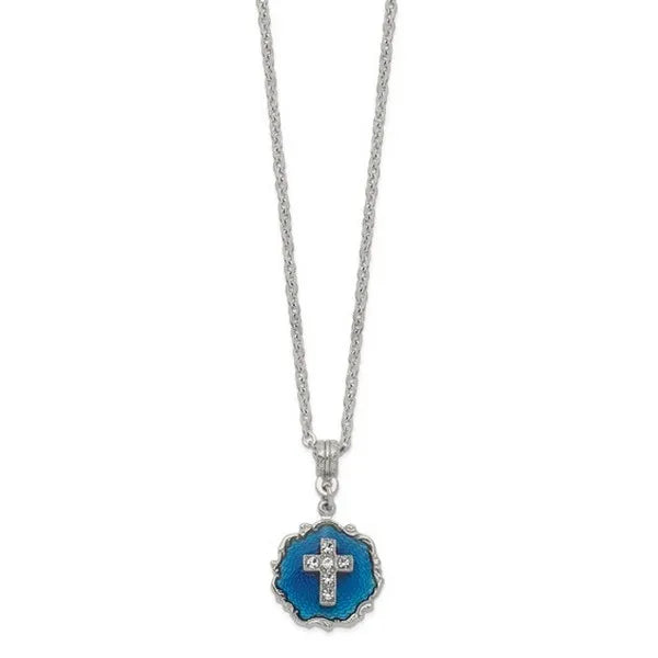 SOF Silver-tone Blue Enamel and Crystal Cross 16" with 3" ext Necklace