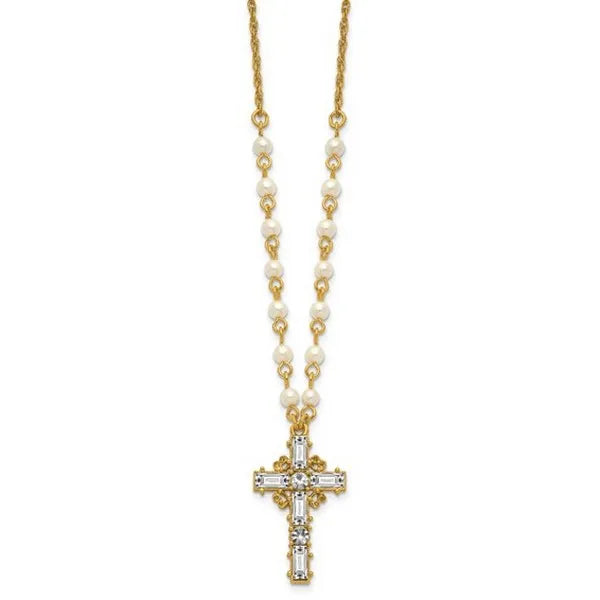 SOF Gold-tone Imitation Pearl Chain and Crystal Cross 20" Necklace
